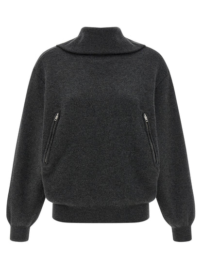 Cardigan by Balenciaga for women in wool gray showcases a luxurious silhouette, meticulously detailed with a sophisticated high-neck neckline and long-sleeve for a refined finish.