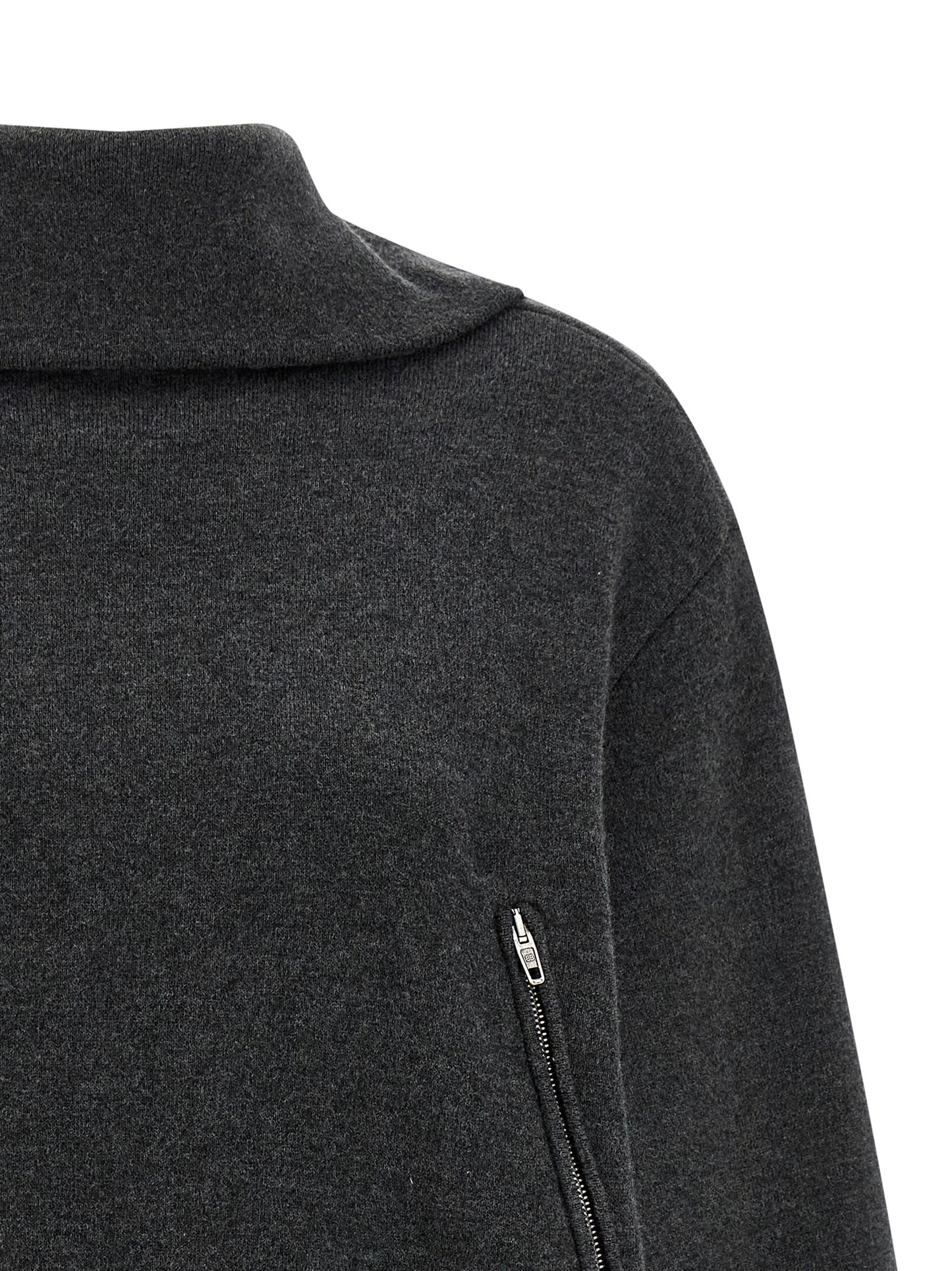 Cardigan by Balenciaga for women in wool gray features a nuanced silhouette with a refined high-neck neckline and nuanced detailing for a sophisticated look.