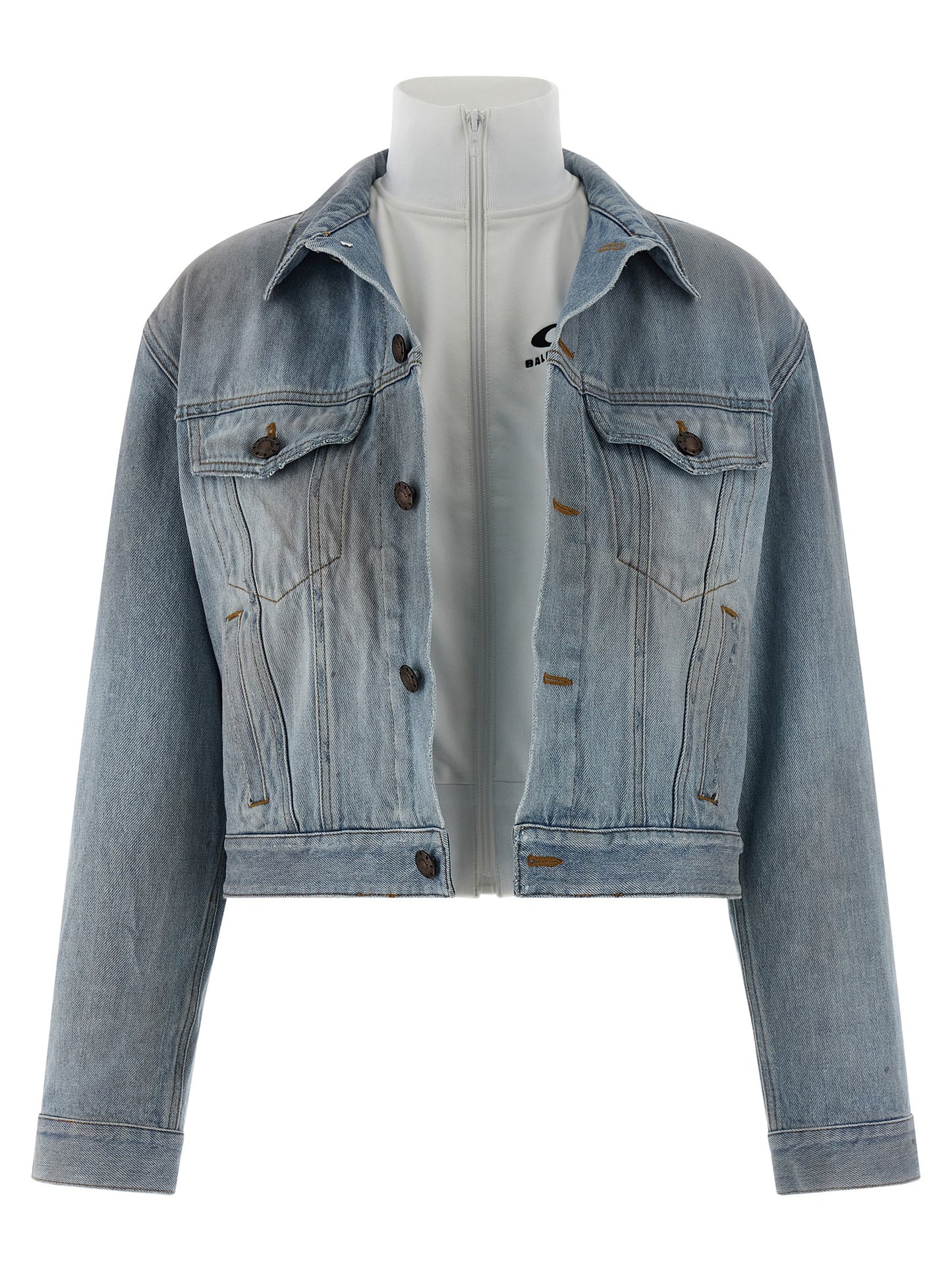 Trucker Jacket by Balenciaga for women in denim cotton light-blue features a dramatic silhouette, showcasing a sophisticated shirt-collar high-neck neckline and distinctive for a dramatic aesthetic.