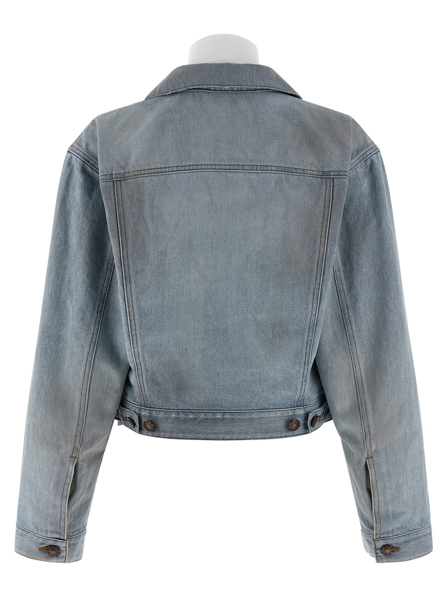 Trucker Jacket by Balenciaga for women in denim cotton light-blue showcases a bohemian silhouette, artfully detailed with a bohemian shirt-collar high-neck neckline and signature for a truly bohemian finish.