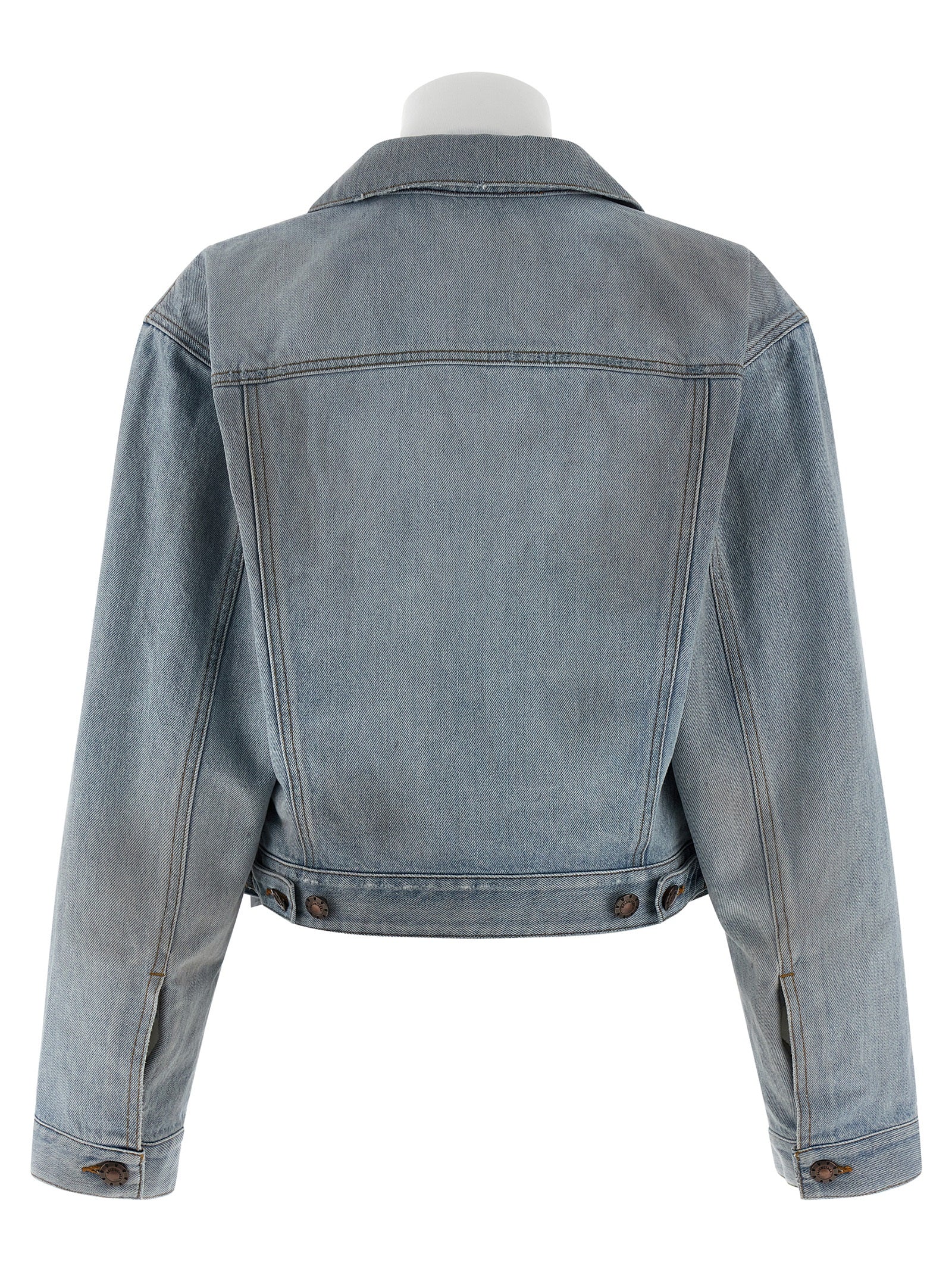 Trucker Jacket by Balenciaga for women in denim cotton light-blue showcases a bohemian silhouette, artfully detailed with a bohemian shirt-collar high-neck neckline and signature for a truly bohemian finish.