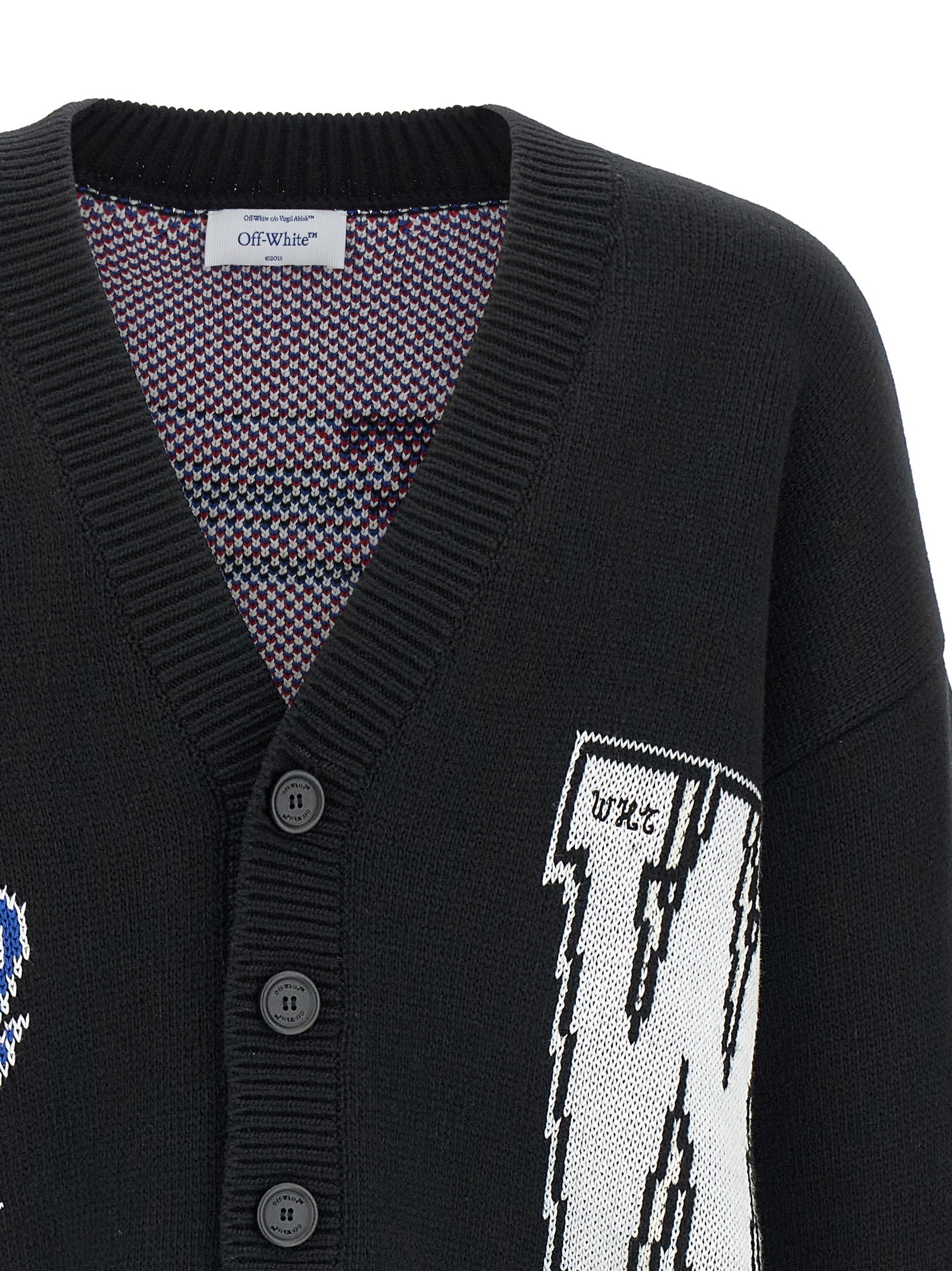 Cardigan by Off-White for men in cotton black & white showcases a luxurious silhouette, meticulously detailed with a sophisticated v-neck neckline and for a refined finish.