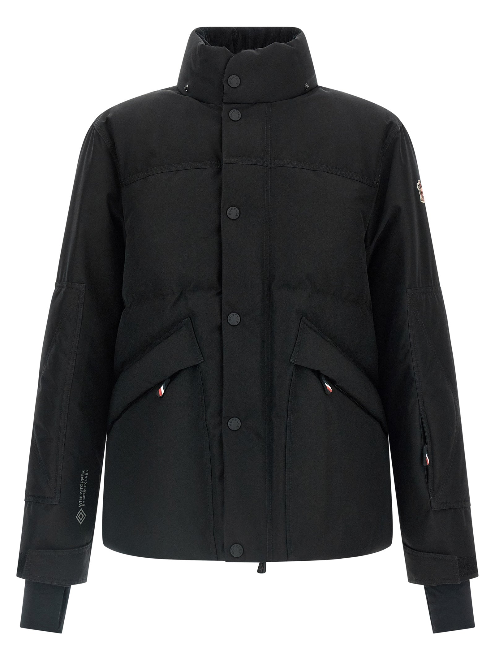Hooded Windbreaker Jacket by Moncler Grenoble for men in polyester corduroy & goose-down black features an enduring silhouette, showcasing technical hooded, insulated & windproof and a sophisticated hooded high-neck neckline for a truly enduring aesthetic.