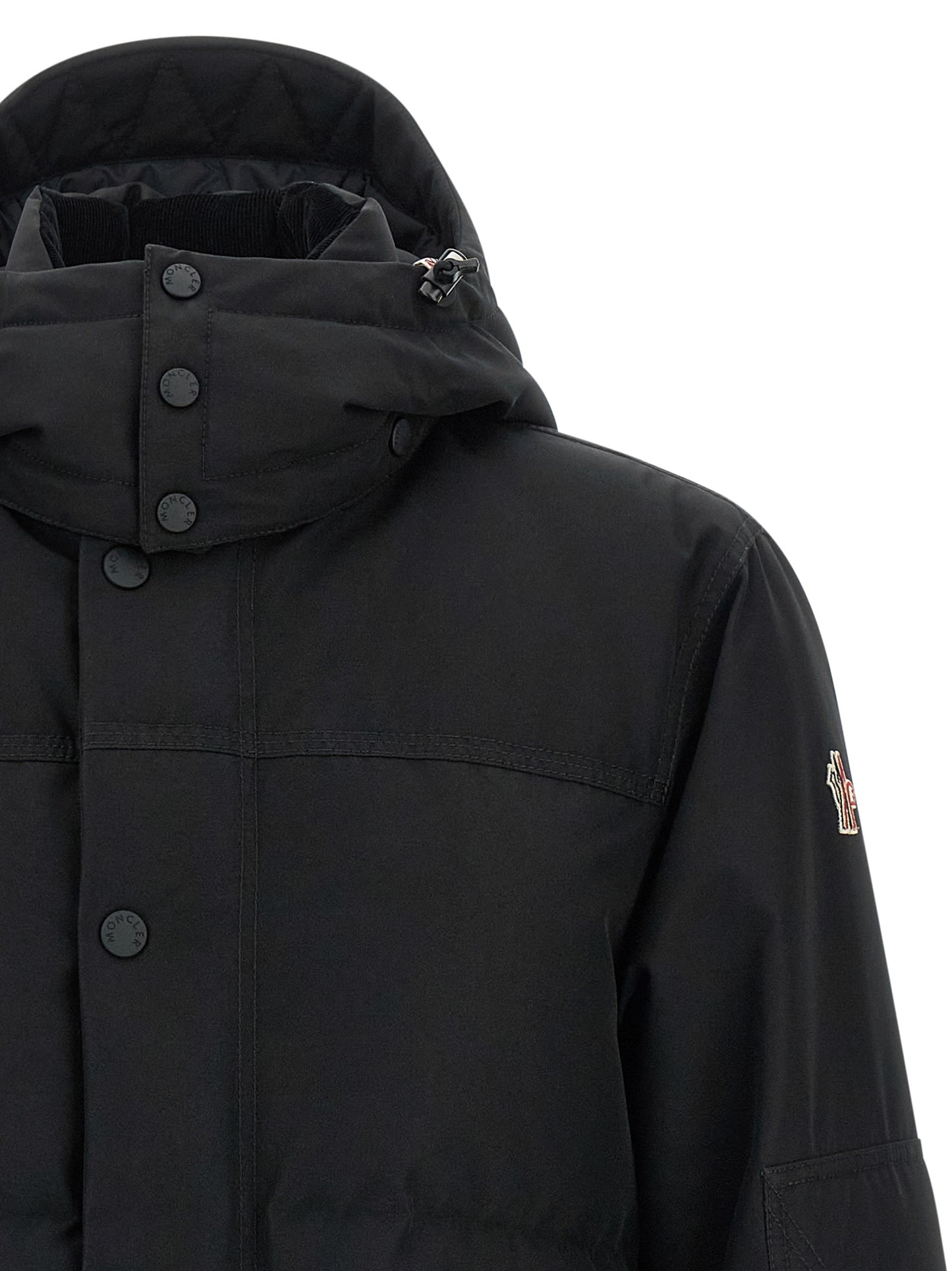 Hooded Windbreaker Jacket by Moncler Grenoble for men in polyester corduroy & goose-down black showcases a modern silhouette, integrating hooded, insulated & windproof and a modern hooded high-neck neckline for a sophisticated finish.
