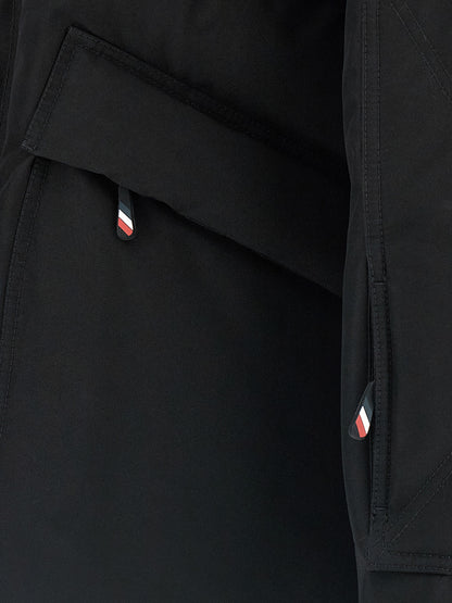 Hooded Windbreaker Jacket by Moncler Grenoble for men in polyester corduroy & goose-down black showcases a urban chic silhouette, detailed with a urban chic and functional hooded, insulated & windproof for a polished finish.