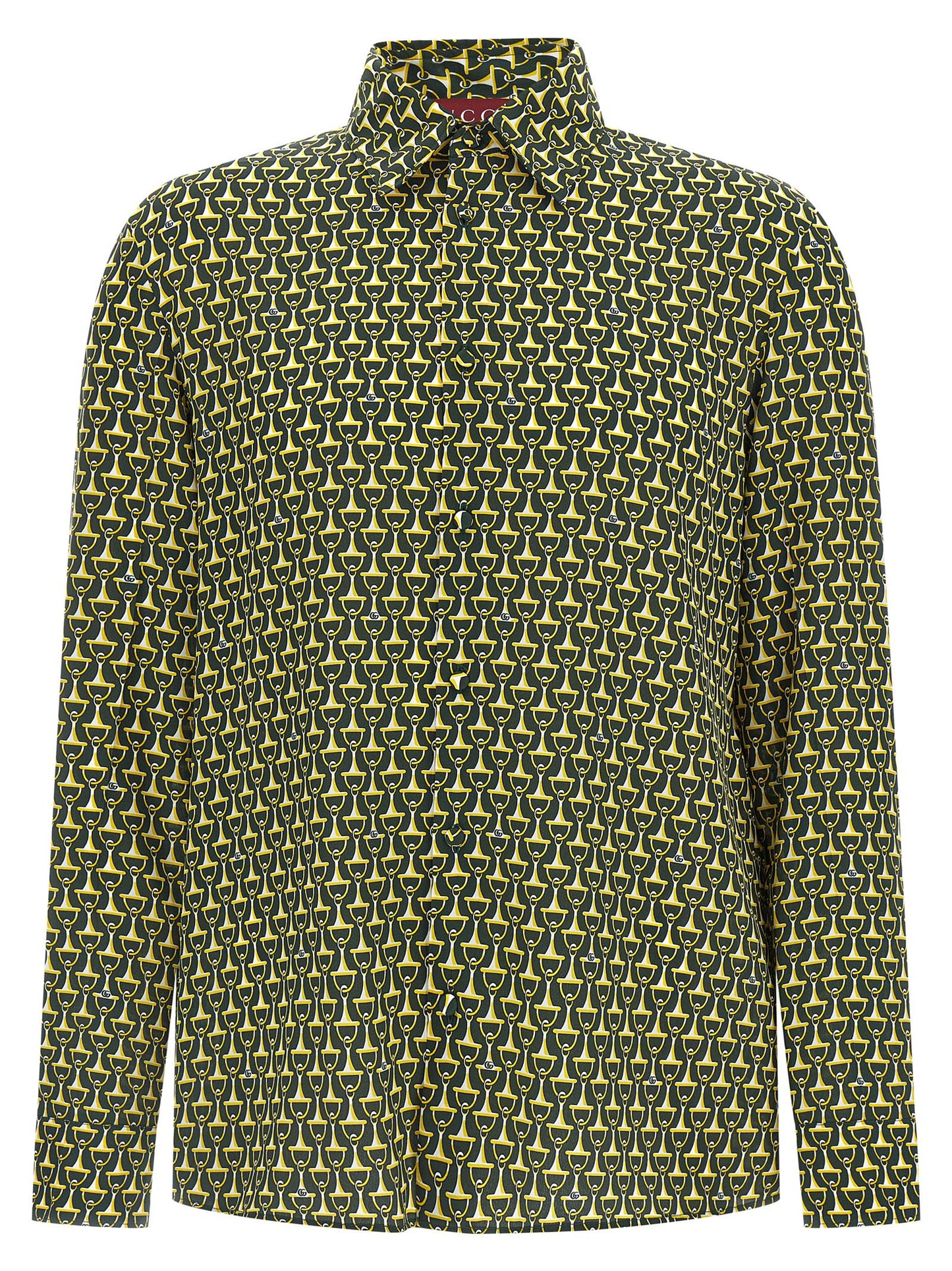 Blouse by Gucci for men in silk bicolour, green & print showcases a sharp silhouette, elegantly detailed with a sharp and sharp .