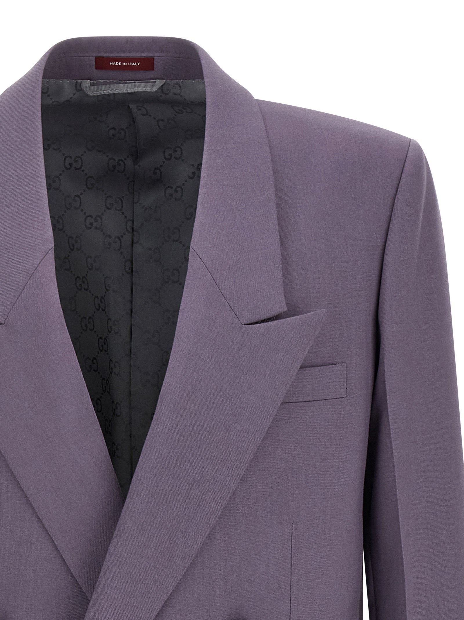 Blazer by Gucci for men in wool & viscose purple & signature showcases a polished silhouette, highlighted by a refined and polished for a sophisticated finish.