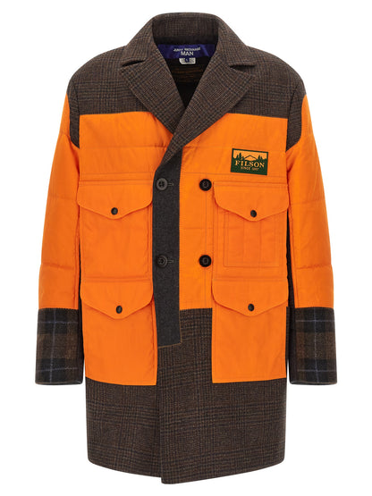 Overcoat by Junya Watanabe for men in cotton multicolor & patchwork showcases a architectural silhouette, artfully detailed with a distinctive split lapel neckline and functional insulated for a architectural finish.