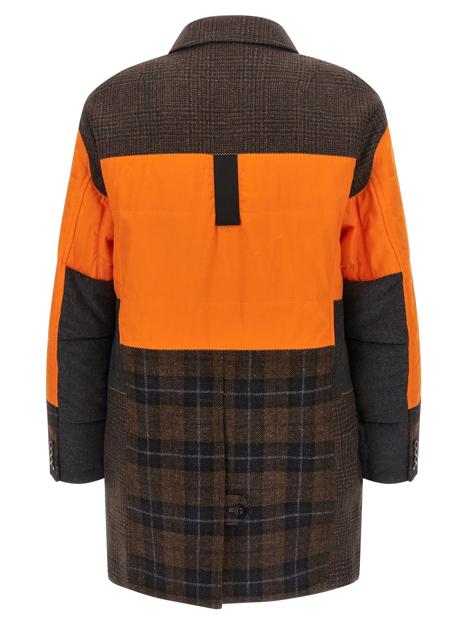 Overcoat by Junya Watanabe for men in cotton multicolor & patchwork presents a luxurious silhouette, showcasing a luxurious split lapel neckline and sophisticated insulated for a premium, luxurious look.
