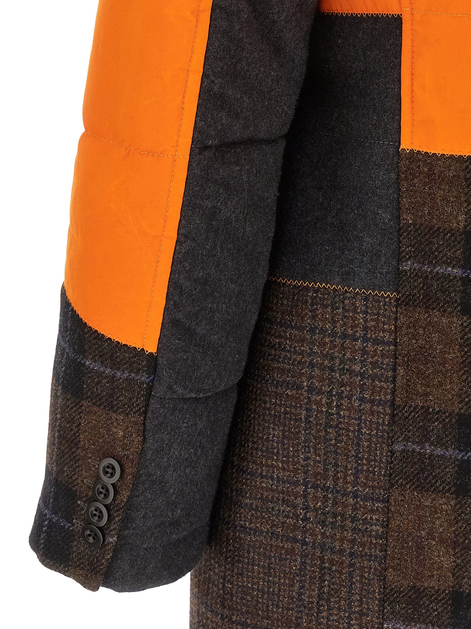 Overcoat by Junya Watanabe for men in cotton multicolor & patchwork features a cosy chic silhouette, artfully detailed with a sophisticated and premium insulated for a cosy chic finish.