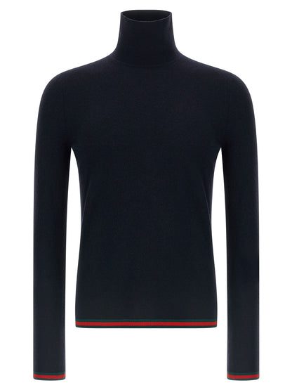 Cardigan by Gucci for men in cashmere blue & signature features a nuanced silhouette with a refined high-neck neckline and nuanced long-sleeve detailing for a sophisticated look.
