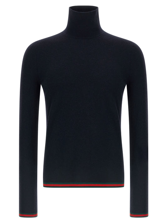 Cardigan by Gucci for men in cashmere blue & signature features a nuanced silhouette with a refined high-neck neckline and nuanced long-sleeve detailing for a sophisticated look.