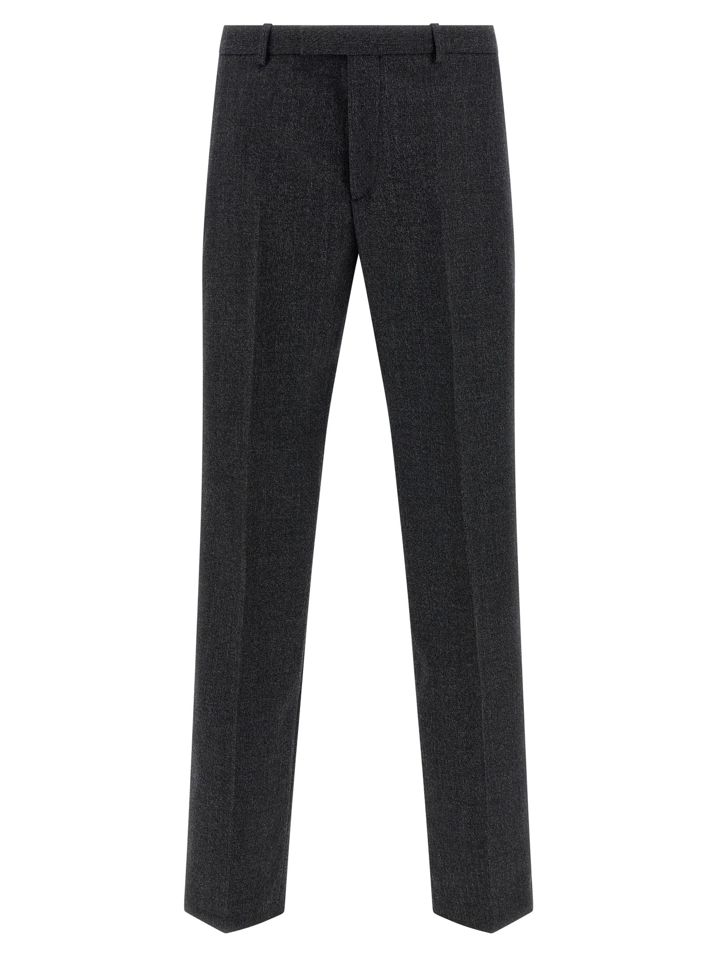 Trousers by Gucci for men in wool gray features a tailored silhouette with a tailored straight-leg, defined by its long and a sophisticated .