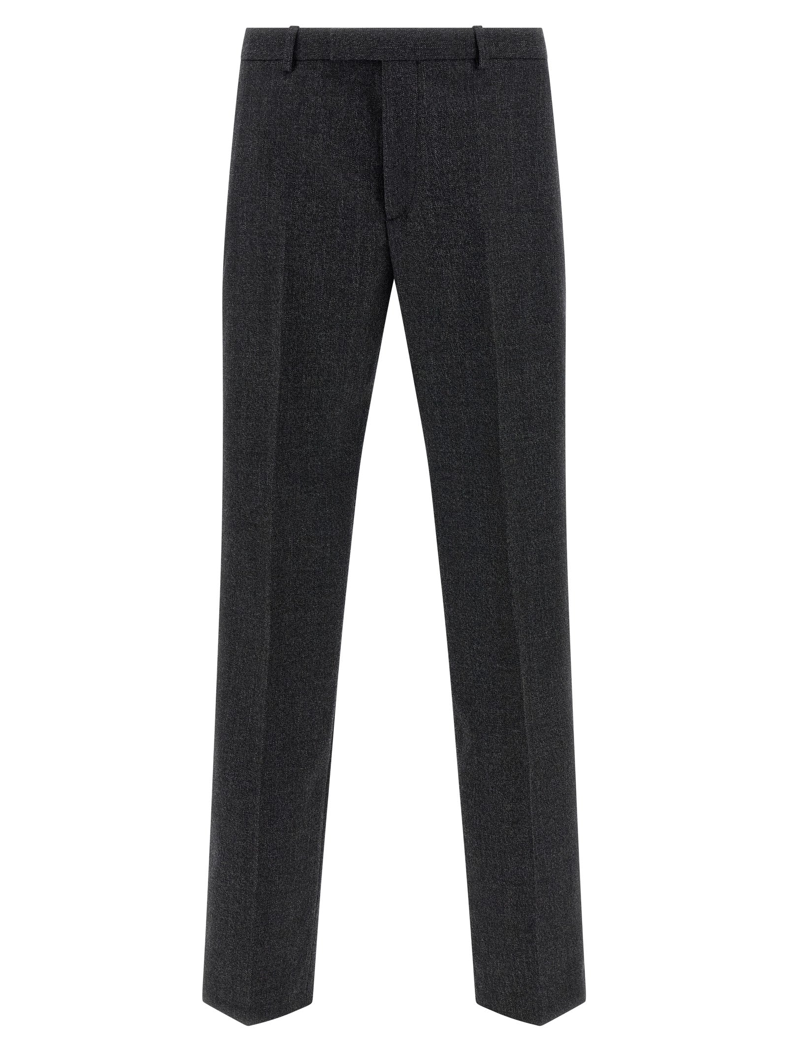 Trousers by Gucci for men in wool gray features a tailored silhouette with a tailored straight-leg, defined by its long and a sophisticated .