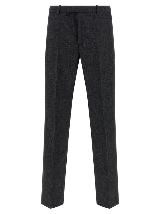 Trousers by Gucci for men in wool gray features a tailored silhouette with a tailored straight-leg, defined by its long and a sophisticated .