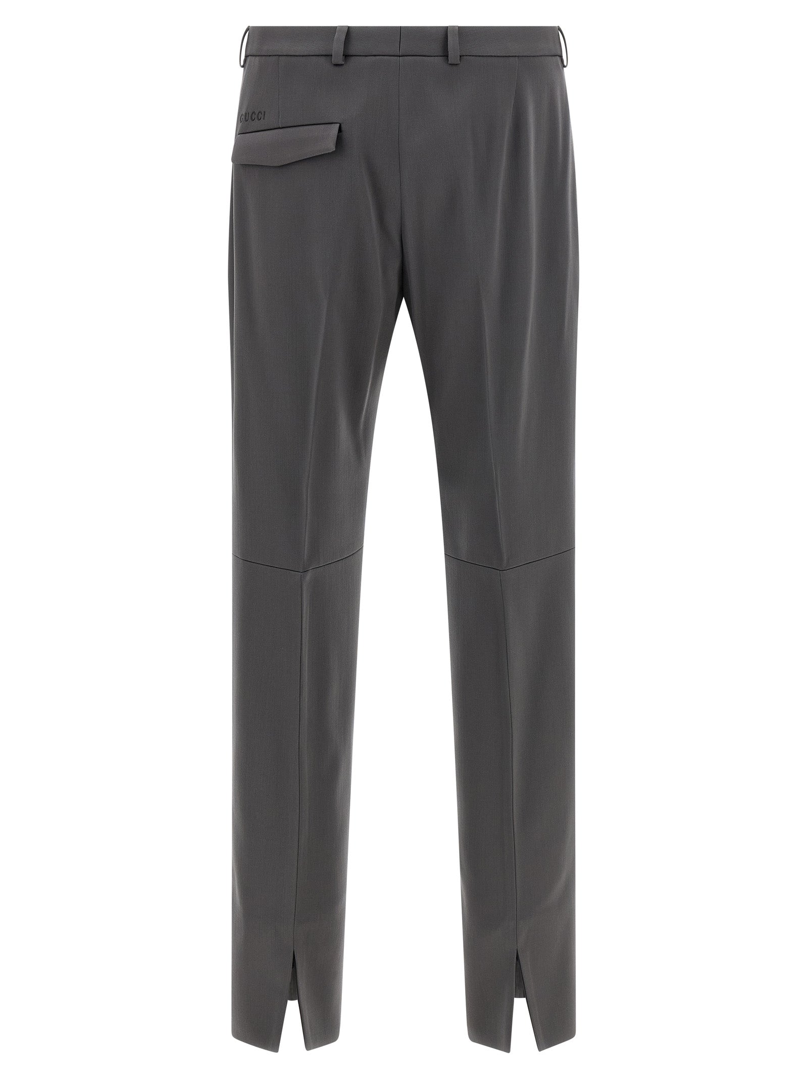 Trousers by Gucci for men in satin wool gray presents a perennial silhouette, meticulously tailored with a straight-leg cut, long finish, and an elegant .
