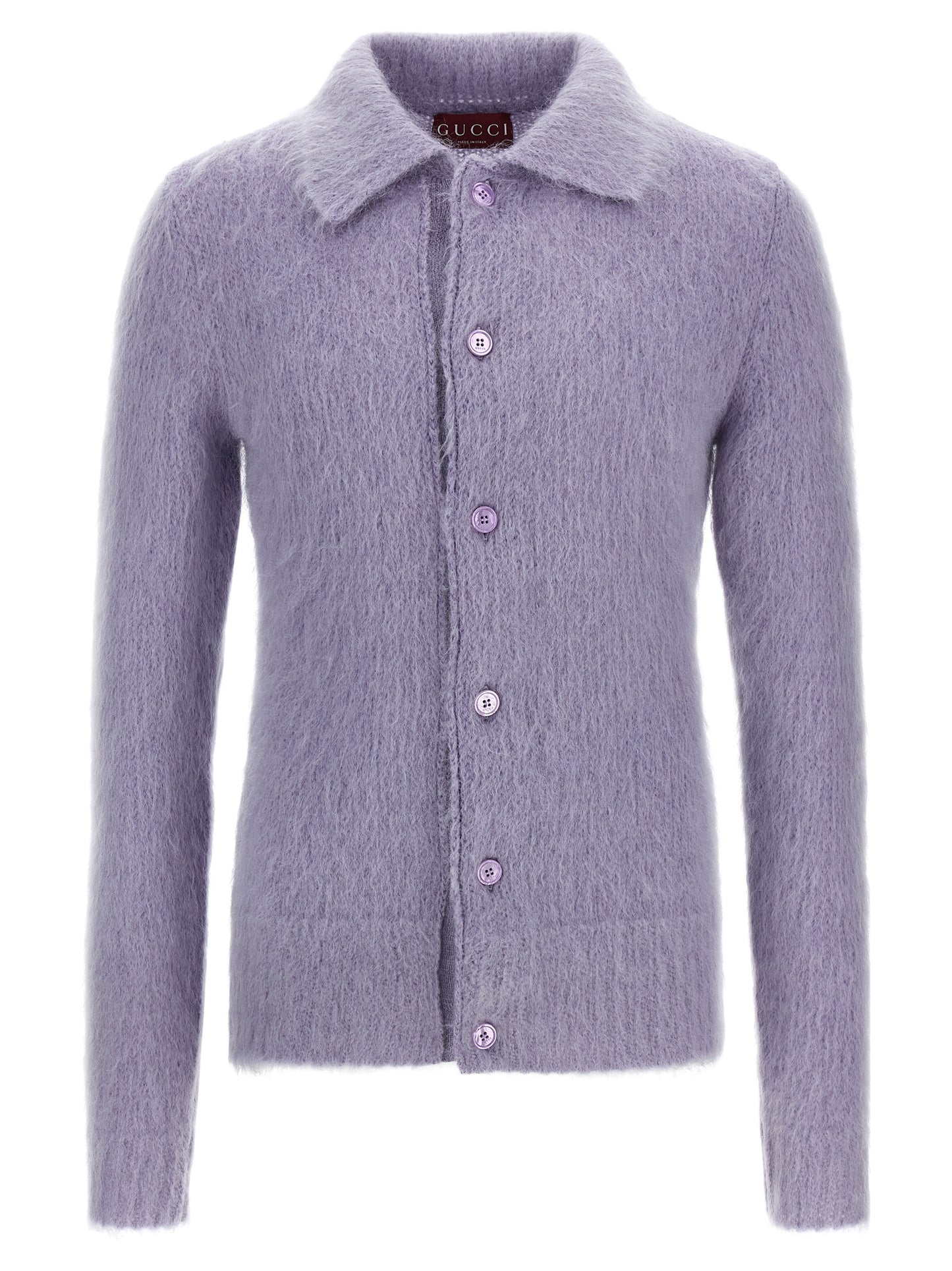 Cardigan by Gucci for men in mohair wool & polyamide purple features an impeccable silhouette, showcasing a sophisticated and long-sleeve detail for a truly impeccable finish.