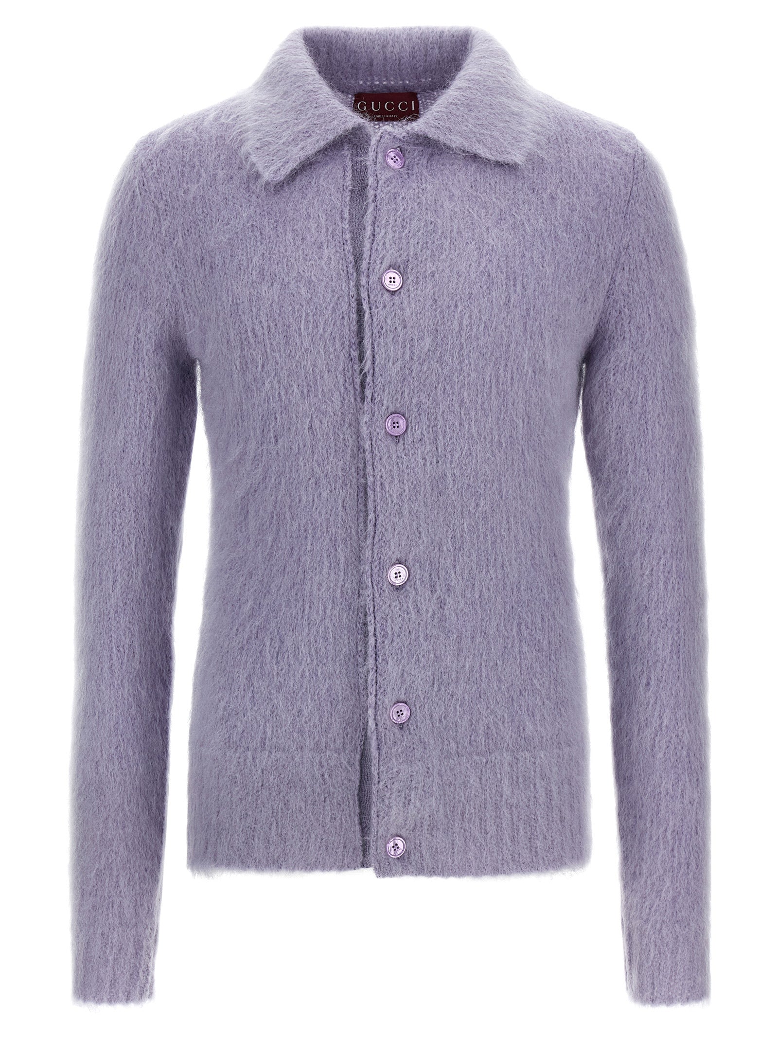 Cardigan by Gucci for men in mohair wool & polyamide purple features an impeccable silhouette, showcasing a sophisticated and long-sleeve detail for a truly impeccable finish.