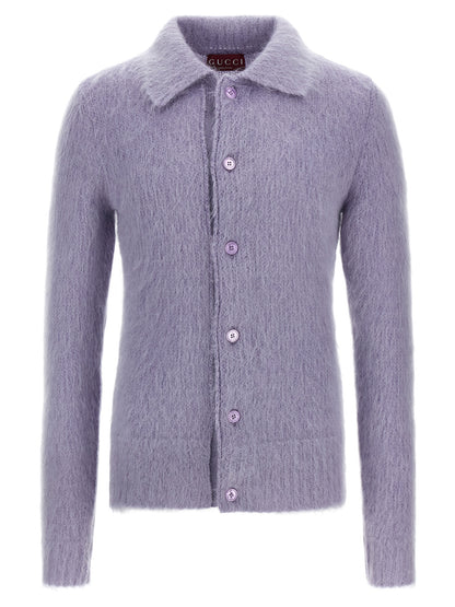 Cardigan by Gucci for men in mohair wool & polyamide purple features an impeccable silhouette, showcasing a sophisticated and long-sleeve detail for a truly impeccable finish.