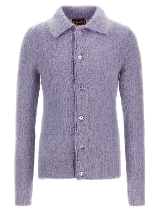 Cardigan by Gucci for men in mohair wool & polyamide purple features an impeccable silhouette, showcasing a sophisticated and long-sleeve detail for a truly impeccable finish.