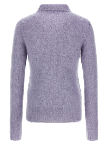 Cardigan by Gucci for men in mohair wool & polyamide purple presents a textural silhouette, artfully finished with a textural and for a sophisticated, textural look.