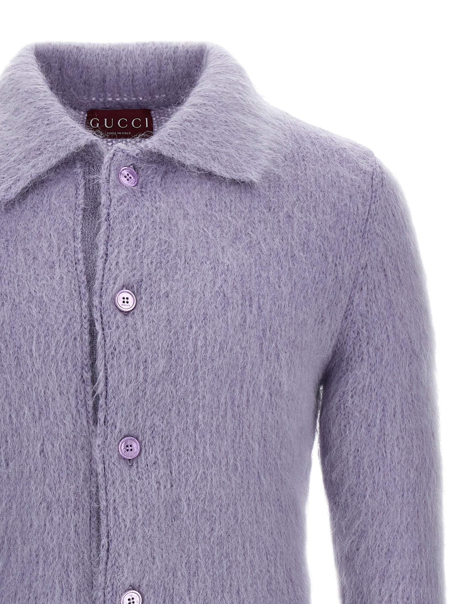 Cardigan by Gucci for men in mohair wool & polyamide purple showcases a luxurious silhouette, meticulously detailed with a sophisticated and for a refined finish.