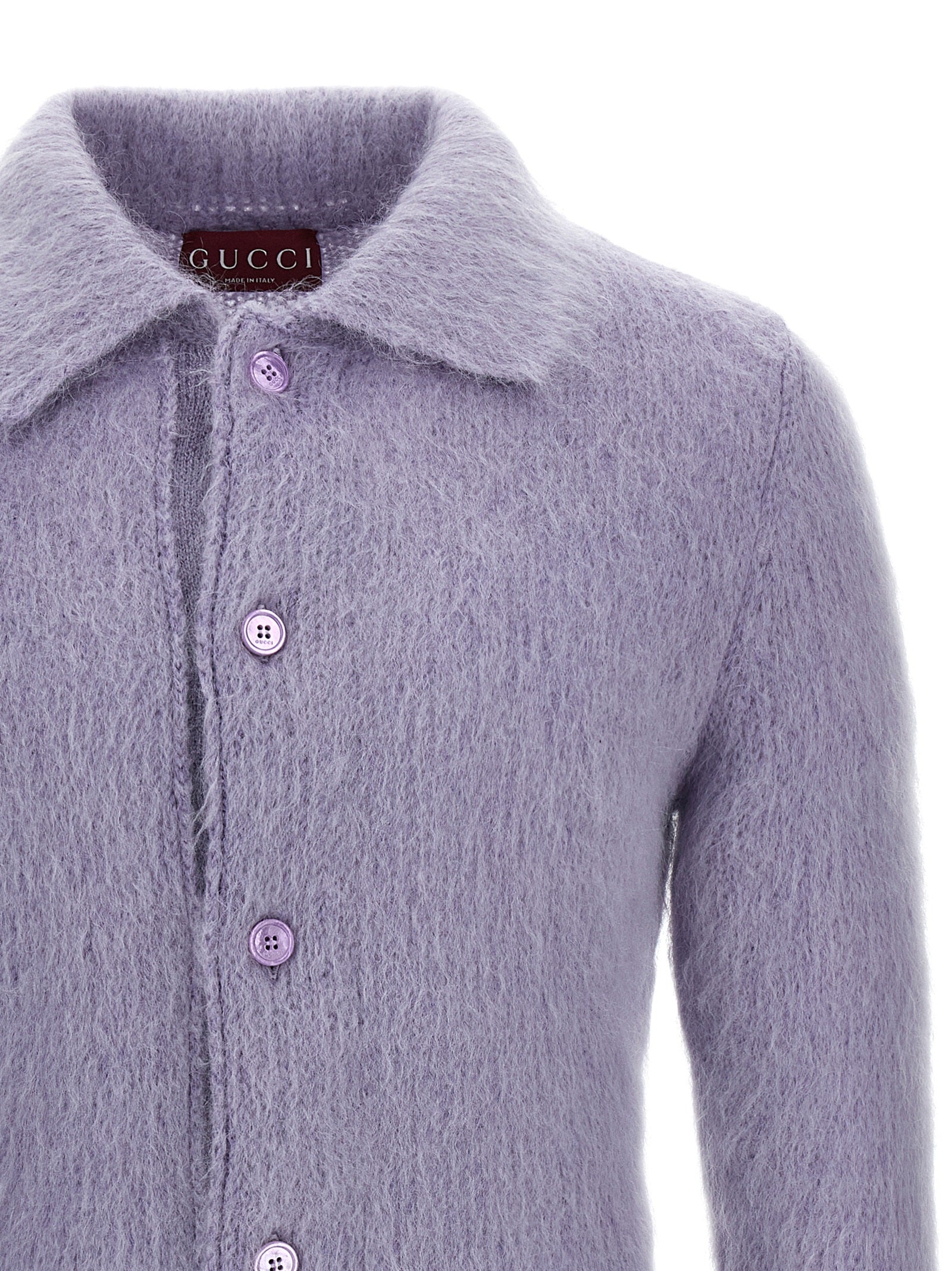 Cardigan by Gucci for men in mohair wool & polyamide purple showcases a luxurious silhouette, meticulously detailed with a sophisticated and for a refined finish.
