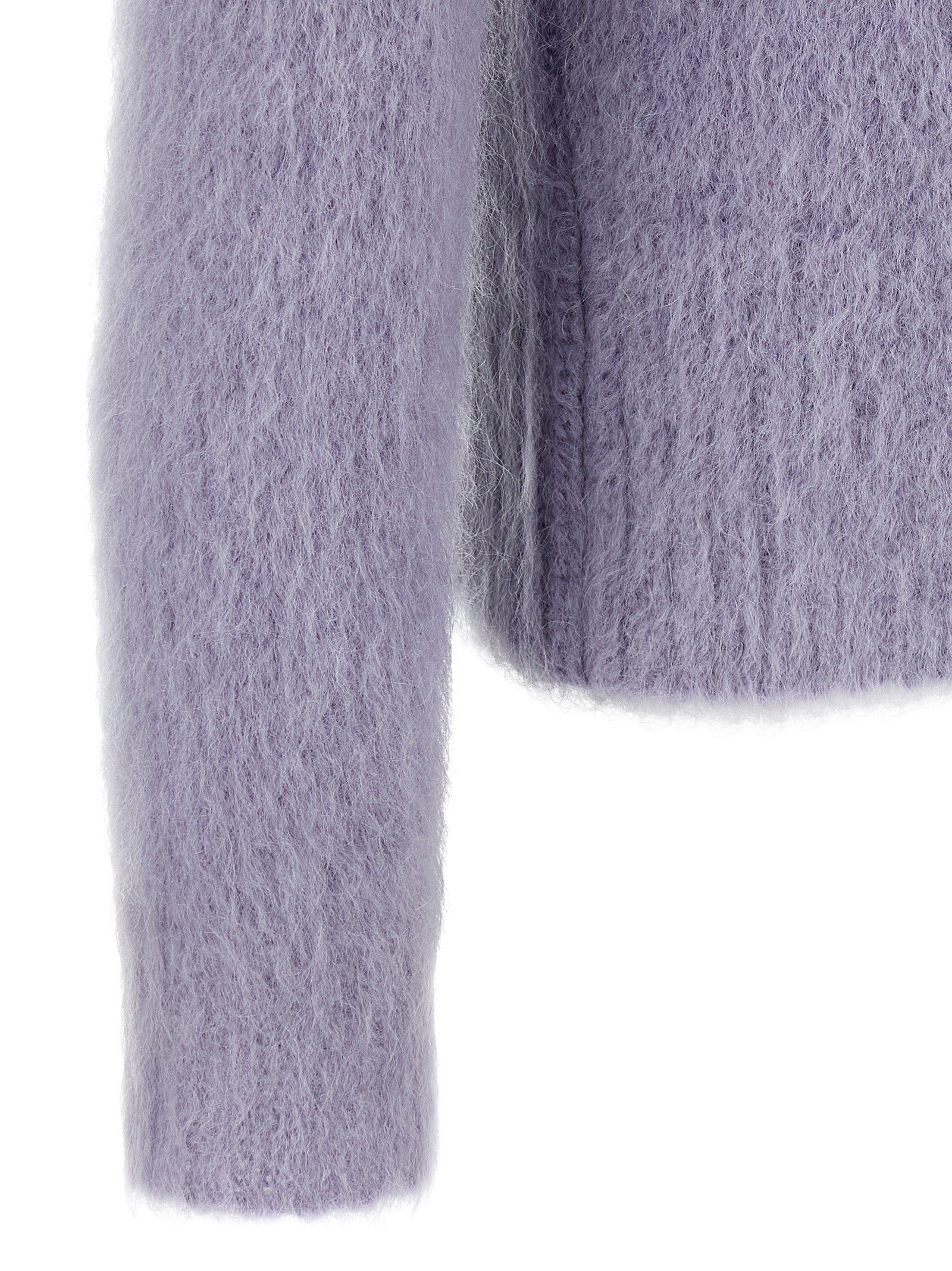 Cardigan by Gucci for men in mohair wool & polyamide purple features a dramatic silhouette, showcasing a sophisticated and dramatic detail for a timeless, premium look.