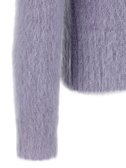 Cardigan by Gucci for men in mohair wool & polyamide purple features a dramatic silhouette, showcasing a sophisticated and dramatic detail for a timeless, premium look.