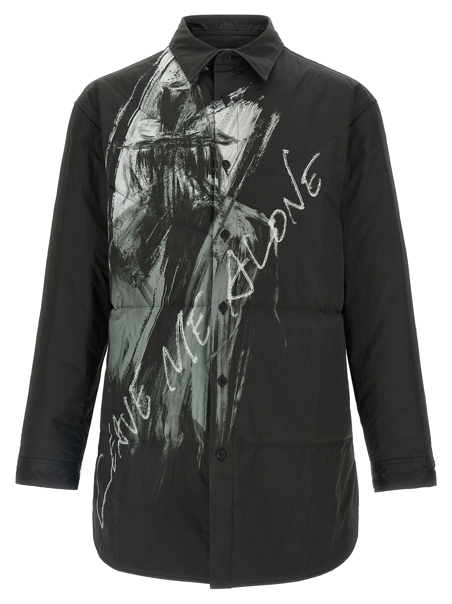 Overshirt by Yohji Yamamoto for men in polyester black & print showcases a sublime silhouette, artfully detailed with a sublime and long-sleeve for a sophisticated, sublime finish.
