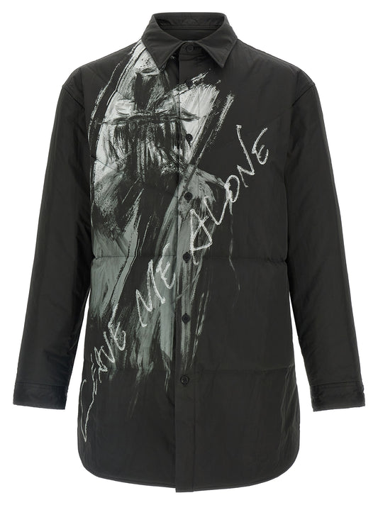 Overshirt by Yohji Yamamoto for men in polyester black & print showcases a sublime silhouette, artfully detailed with a sublime and long-sleeve for a sophisticated, sublime finish.
