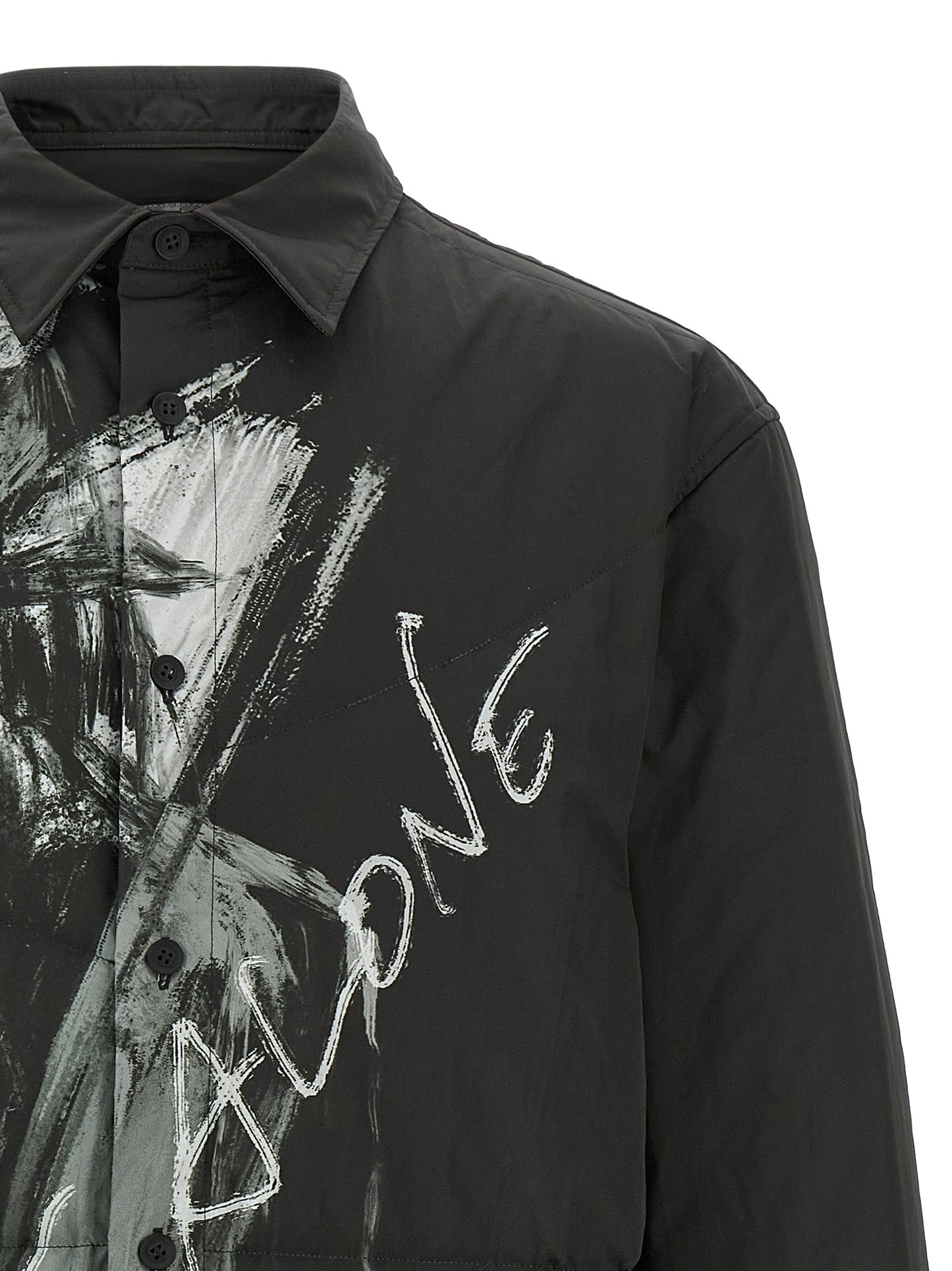 Overshirt by Yohji Yamamoto for men in polyester black & print, featuring a nuanced and nuanced for a sophisticated finish.