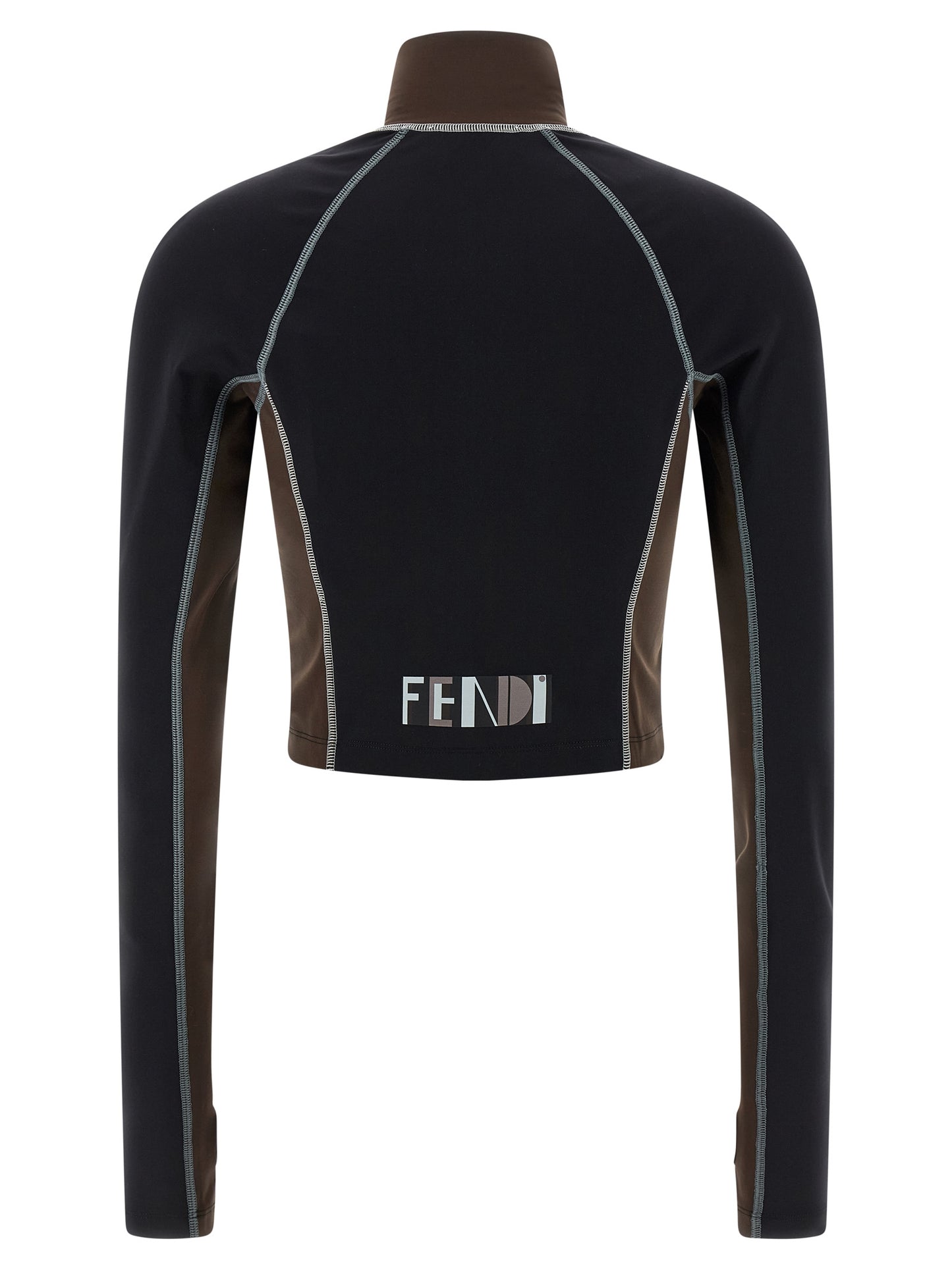 Activewear T-Shirt by Fendi for women in stretch polyamide black & print features a dynamic silhouette with and high-neck neckline enhanced by functional .