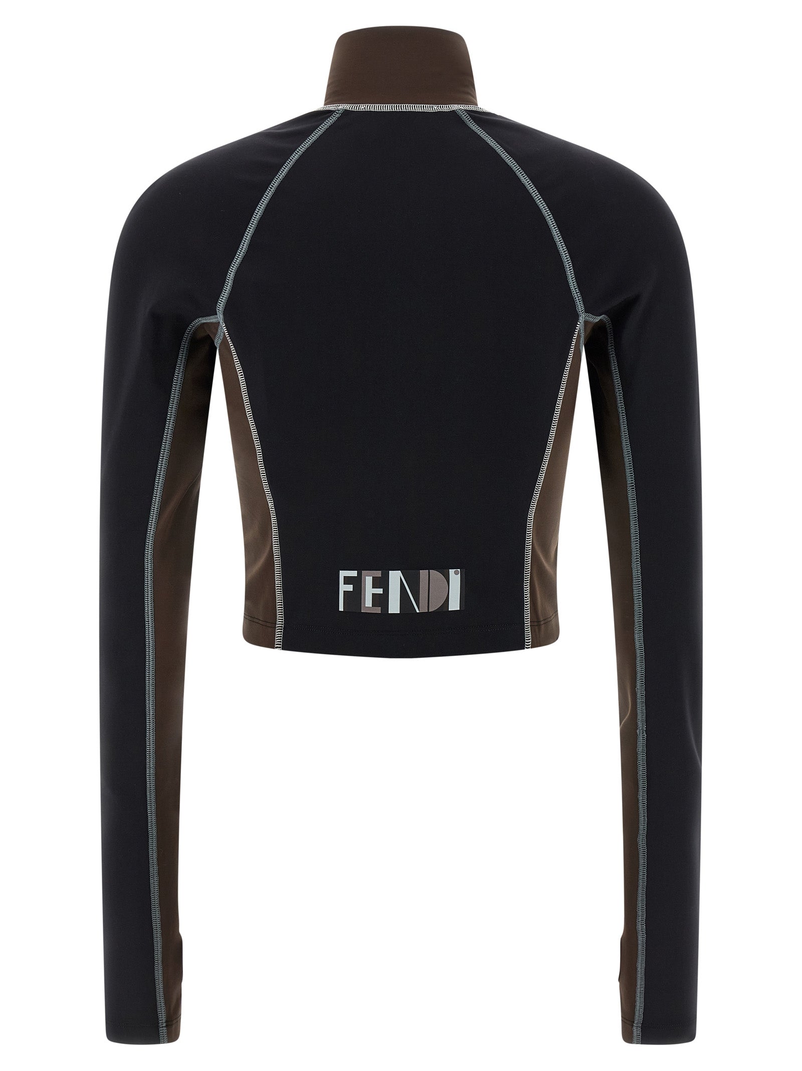 Activewear T-Shirt by Fendi for women in stretch polyamide black & print features a dynamic silhouette with and high-neck neckline enhanced by functional .