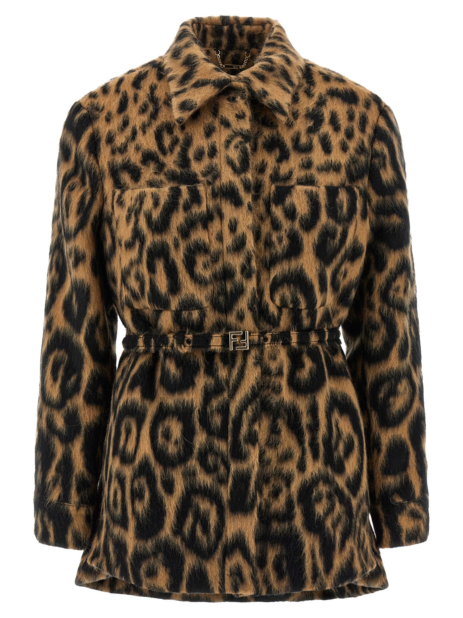 Trench Coat by Fendi for women in virgin wool animal, beige & print features an dramatic silhouette, perfectly showcasing the elegant split asymmetric shirt-collar neckline and sophisticated pockets for a truly dramatic aesthetic.