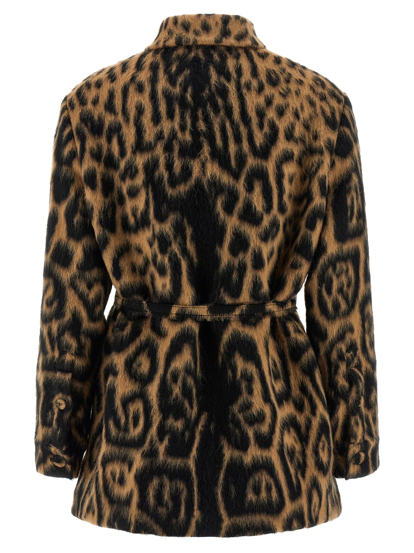 Trench Coat by Fendi for women in virgin wool animal, beige & print presents an sculptural silhouette, artfully detailed with a sculptural split asymmetric shirt-collar neckline and functional pockets for a truly sculptural finish.