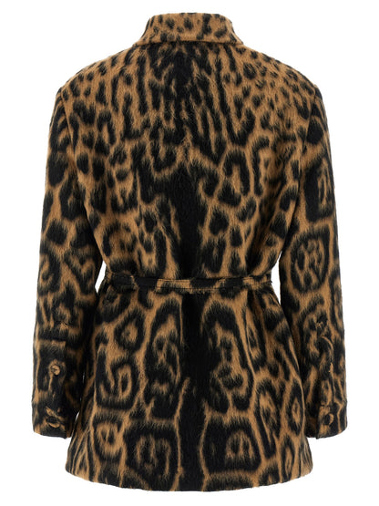 Trench Coat by Fendi for women in virgin wool animal, beige & print presents an sculptural silhouette, artfully detailed with a sculptural split asymmetric shirt-collar neckline and functional pockets for a truly sculptural finish.