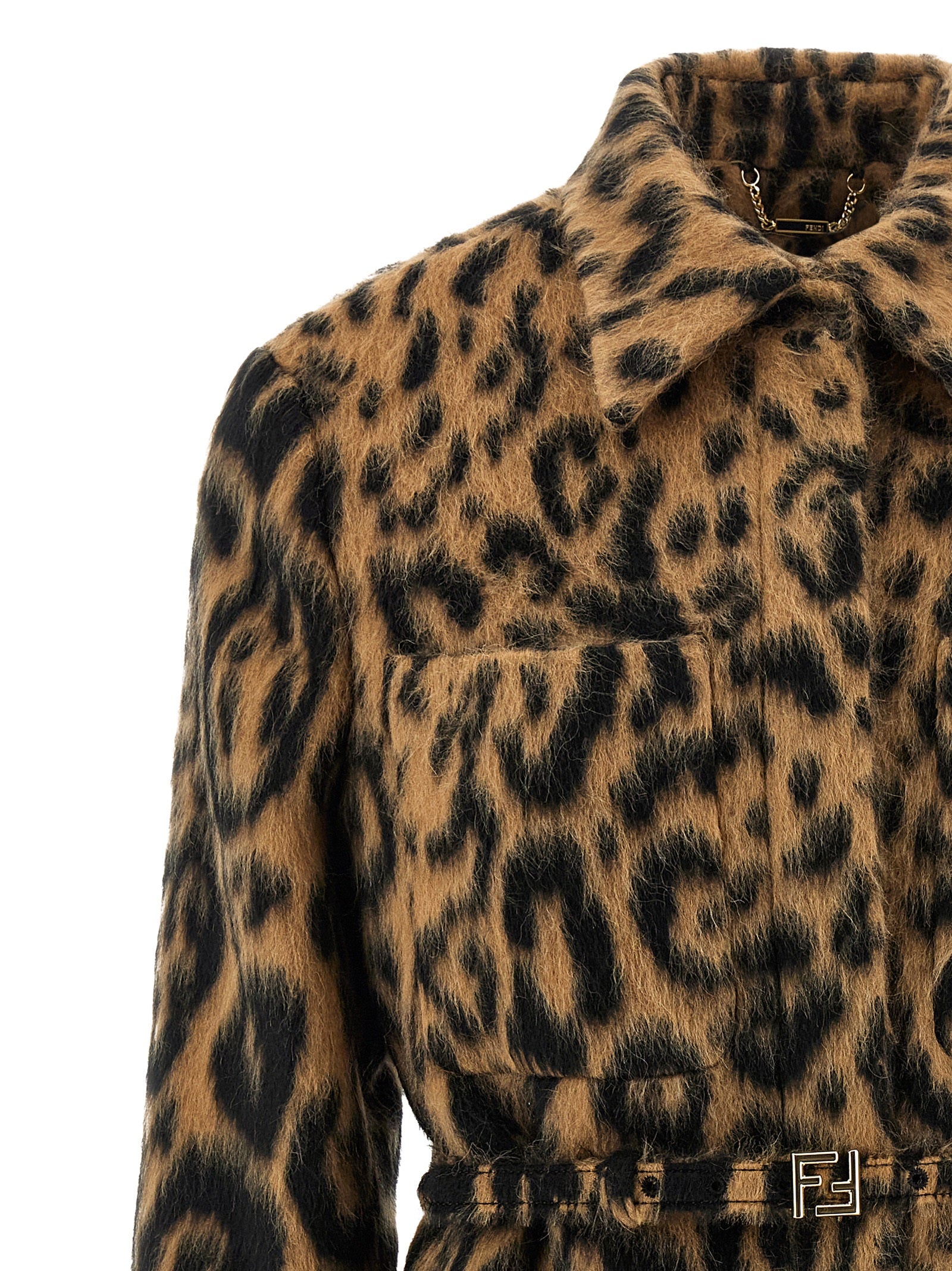 Trench Coat by Fendi for women in virgin wool animal, beige & print showcases a contemporary silhouette, detailed with a contemporary split asymmetric shirt-collar neckline and distinctive pockets for a truly contemporary finish.