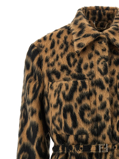 Trench Coat by Fendi for women in virgin wool animal, beige & print showcases a contemporary silhouette, detailed with a contemporary split asymmetric shirt-collar neckline and distinctive pockets for a truly contemporary finish.