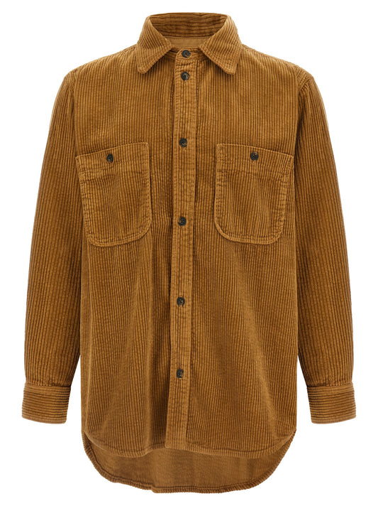 Overshirt by Isabel Marant for men in denim cotton corduroy beige presents a discerning silhouette, showcasing a sophisticated asymmetric shirt-collar neckline and long-sleeve for a truly discerning finish.