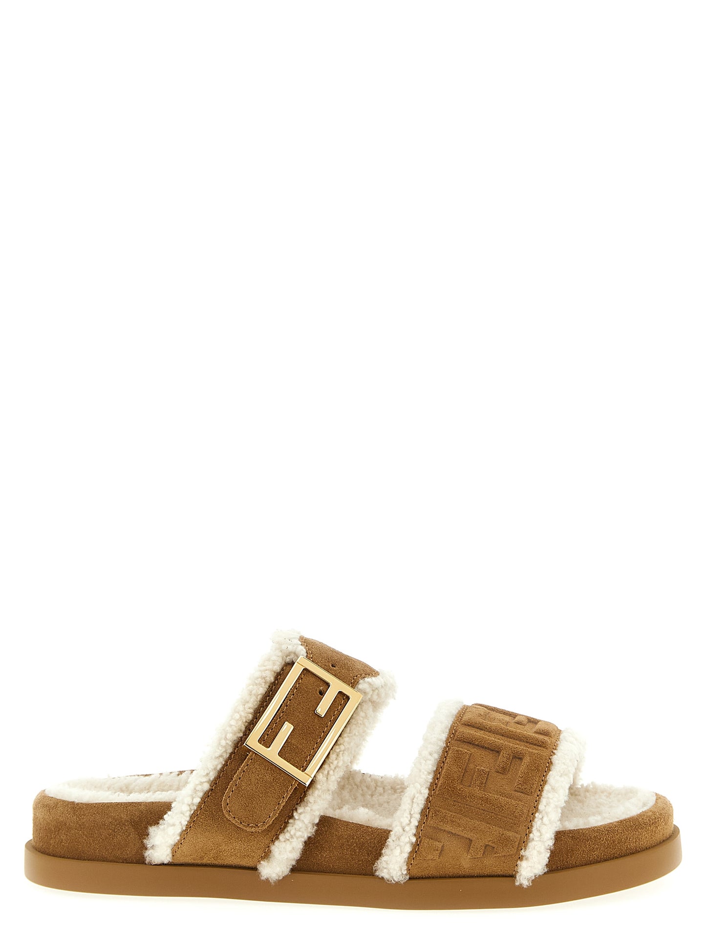 Sliders Sandals Flat Shoes by Fendi for women in suede calfskin leather & fur beige & patterned features an statuesque silhouette from the Women's Suede Calfskin Leather & Fur Sliders Sandals Flat Shoes collection, showcasing a and a statuesque for a statuesque look.