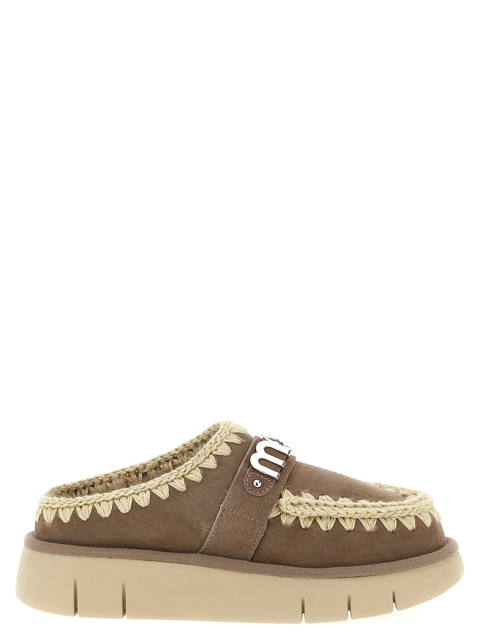 Clogs Flat Shoes by Mou for women in suede lambskin leather & fur brown features an statuesque silhouette from the Women's Suede Lambskin Leather & Fur Clogs Flat Shoes collection, showcasing a and a statuesque for a statuesque look.