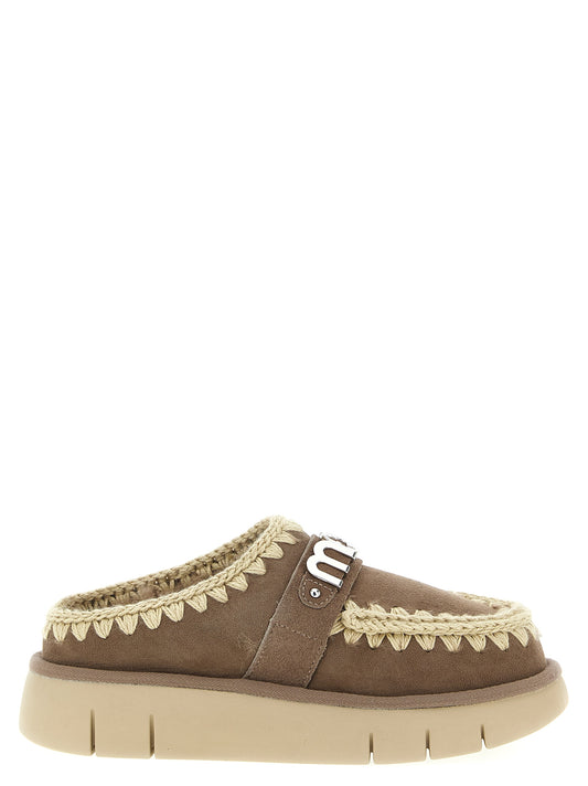 Clogs Flat Shoes by Mou for women in suede lambskin leather & fur brown features an statuesque silhouette from the Women's Suede Lambskin Leather & Fur Clogs Flat Shoes collection, showcasing a and a statuesque for a statuesque look.