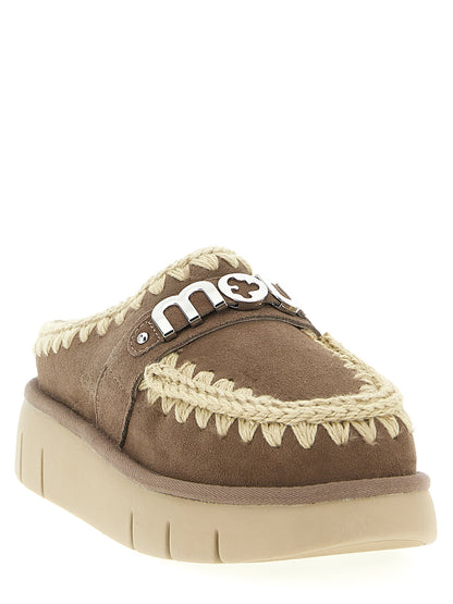 Clogs Flat Shoes by Mou for women in suede lambskin leather & fur brown showcases a resplendent Women's Suede Lambskin Leather & Fur Clogs Flat Shoes aesthetic with a and .
