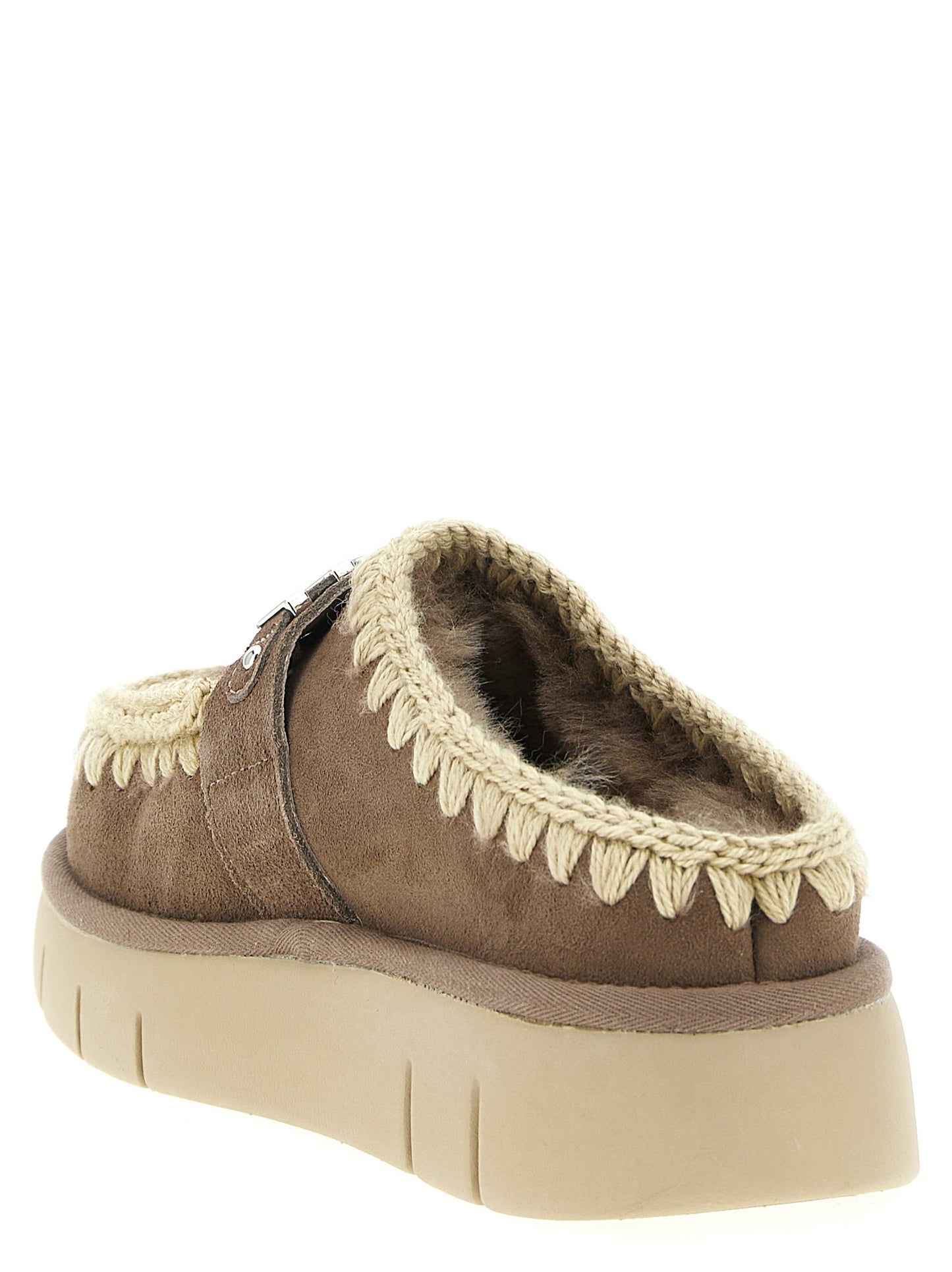 Clogs Flat Shoes by Mou for women in suede lambskin leather & fur brown features an captivating silhouette, showcasing the captivating style of the Women's Suede Lambskin Leather & Fur Clogs Flat Shoes with its distinct and refined .