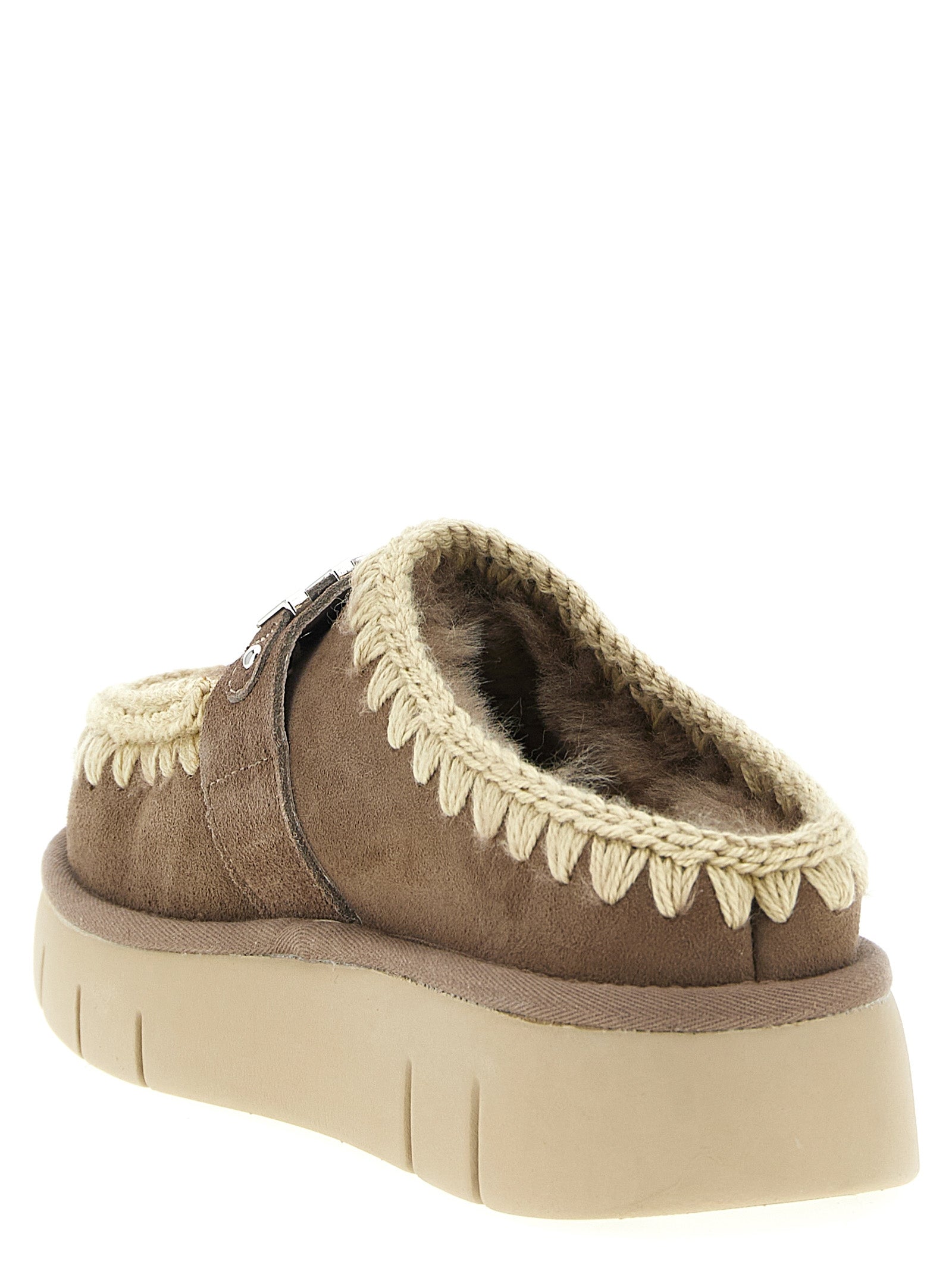 Clogs Flat Shoes by Mou for women in suede lambskin leather & fur brown features an captivating silhouette, showcasing the captivating style of the Women's Suede Lambskin Leather & Fur Clogs Flat Shoes with its distinct and refined .