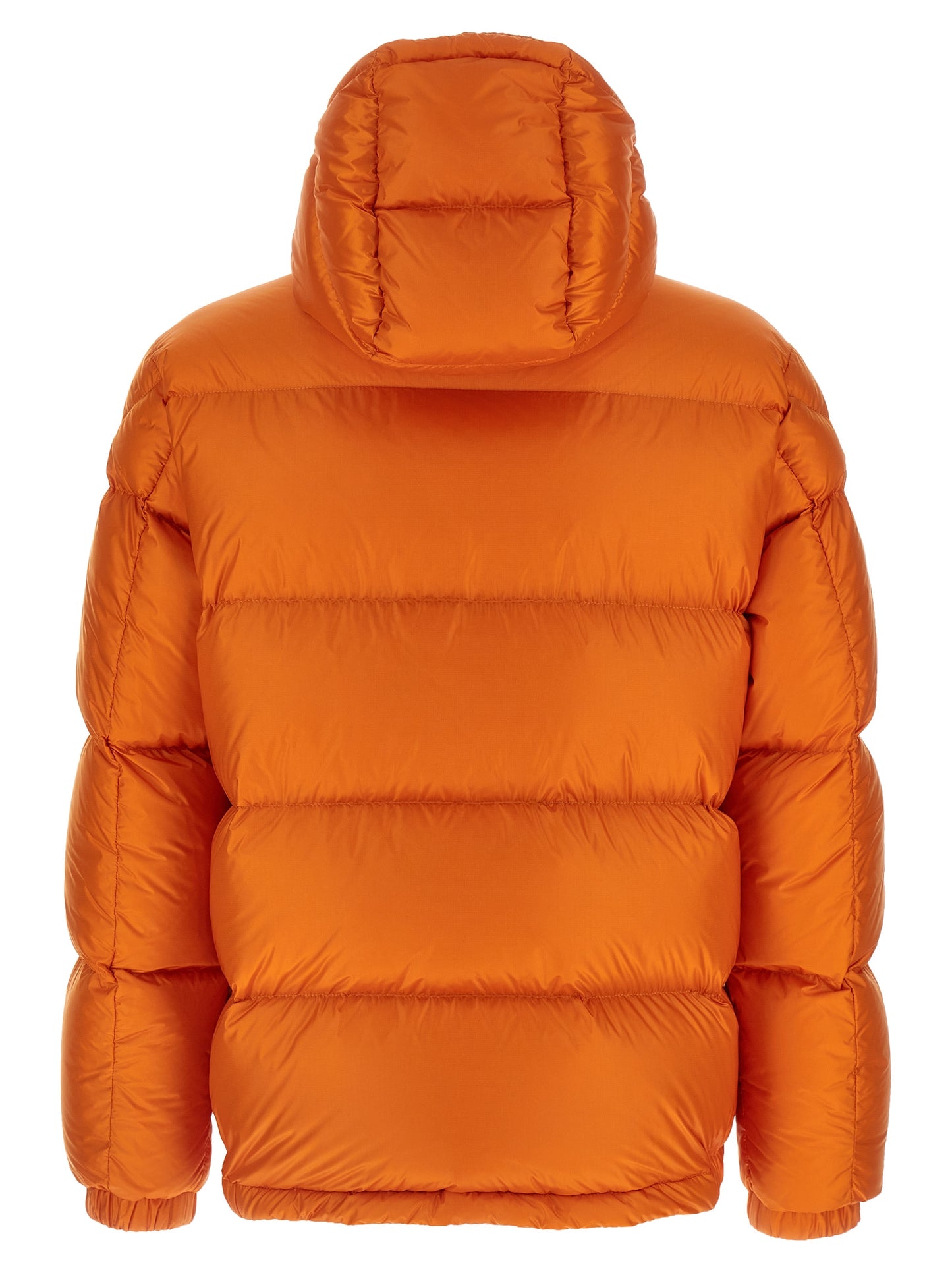 Hooded Puffer Jacket by Moncler for men in polyamide wool & goose-down orange & signature features a city-ready silhouette, detailed with hooded & insulated and a city-ready hooded high-neck neckline.