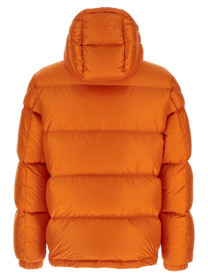 Hooded Puffer Jacket by Moncler for men in polyamide wool & goose-down orange & signature features a city-ready silhouette, detailed with hooded & insulated and a city-ready hooded high-neck neckline.