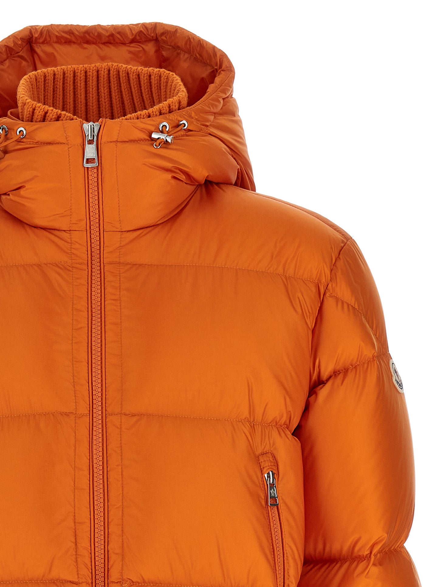 Hooded Puffer Jacket by Moncler for men in polyamide wool & goose-down orange & signature features an on trend silhouette, showcasing refined hooded & insulated and a sophisticated hooded high-neck neckline for a truly on trend finish.