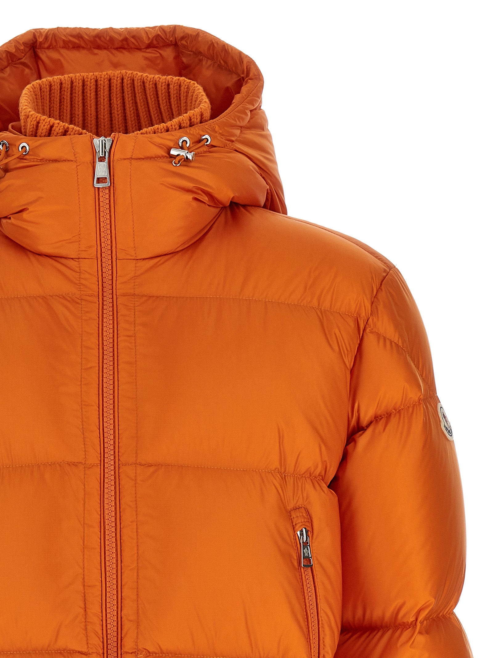 Hooded Puffer Jacket by Moncler for men in polyamide wool & goose-down orange & signature features an on trend silhouette, showcasing refined hooded & insulated and a sophisticated hooded high-neck neckline for a truly on trend finish.